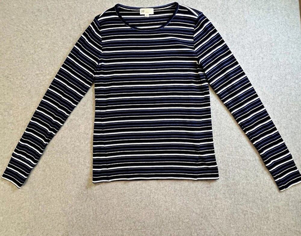 GAP Womens Striped Long Sleeve Crew Neck Cotton Knit T-Shirt Blue White Size M